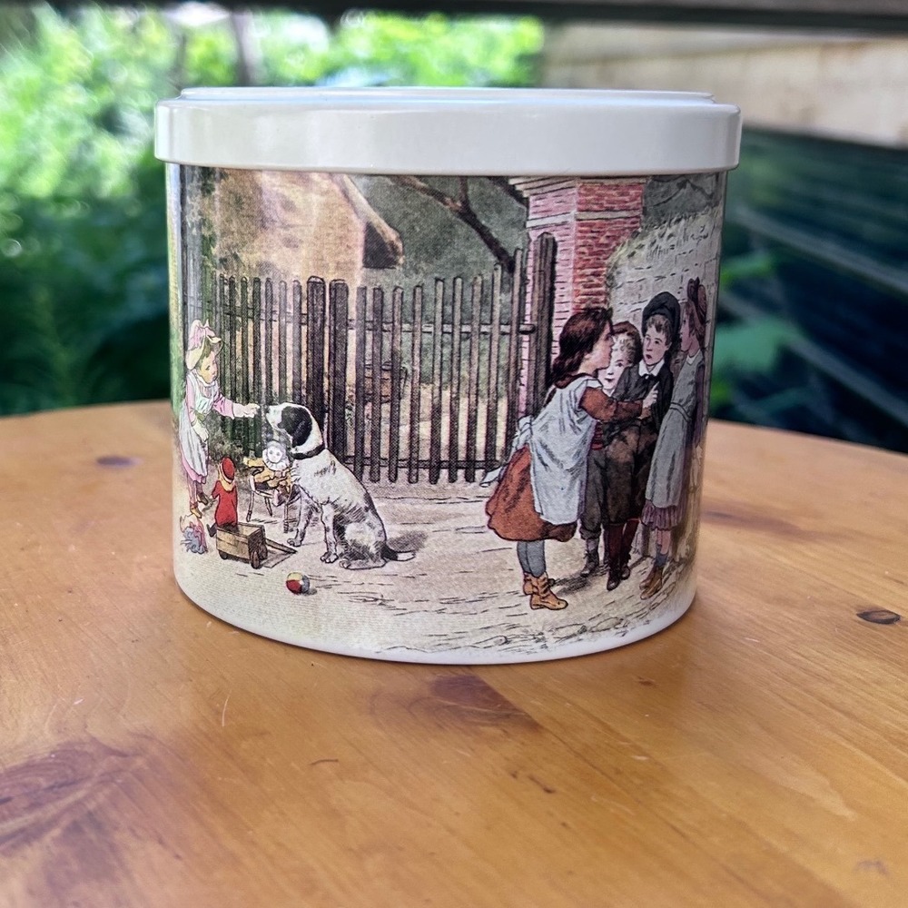 Vintage French Biscuit Box Victorian Children Dog Metal Canister Massilly Collec - Picture 2 of 8